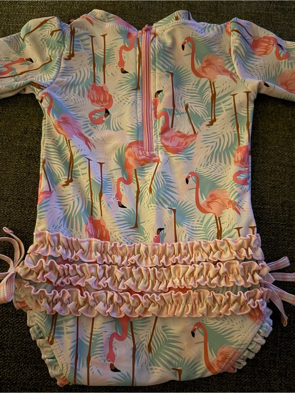 Ruffle Butts Pink Flamingo Long-Sleeve One-Piece Swimsuit with Green Accents